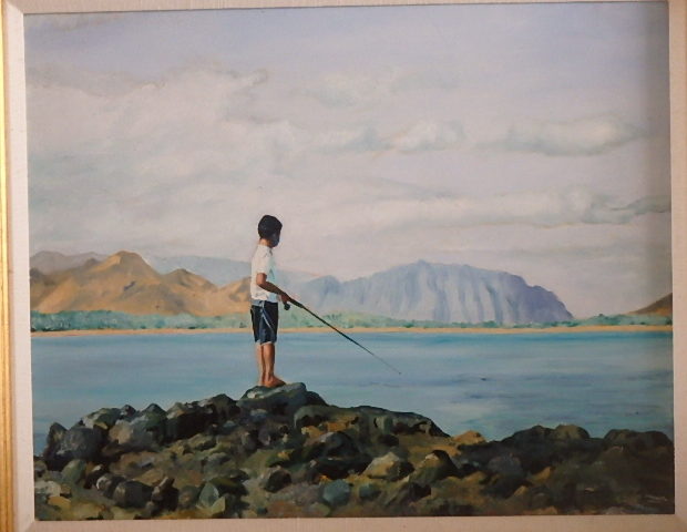 A painting of a boy sitting on a rock by the water. Fishing lake