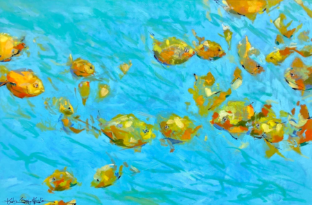 Kristie Kosmides Yellow Tang Delight print with lively yellow and orange Hawaiian fish on aqua background