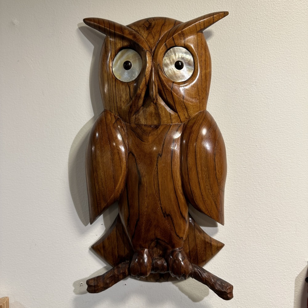 Spalted beech store owl on an oak base